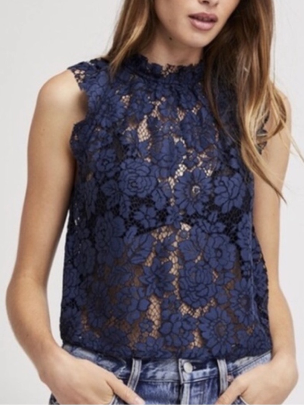 NWT Free People sweet meadow dreams Navy Floral Lace Sleeveless Mock Neck Top M